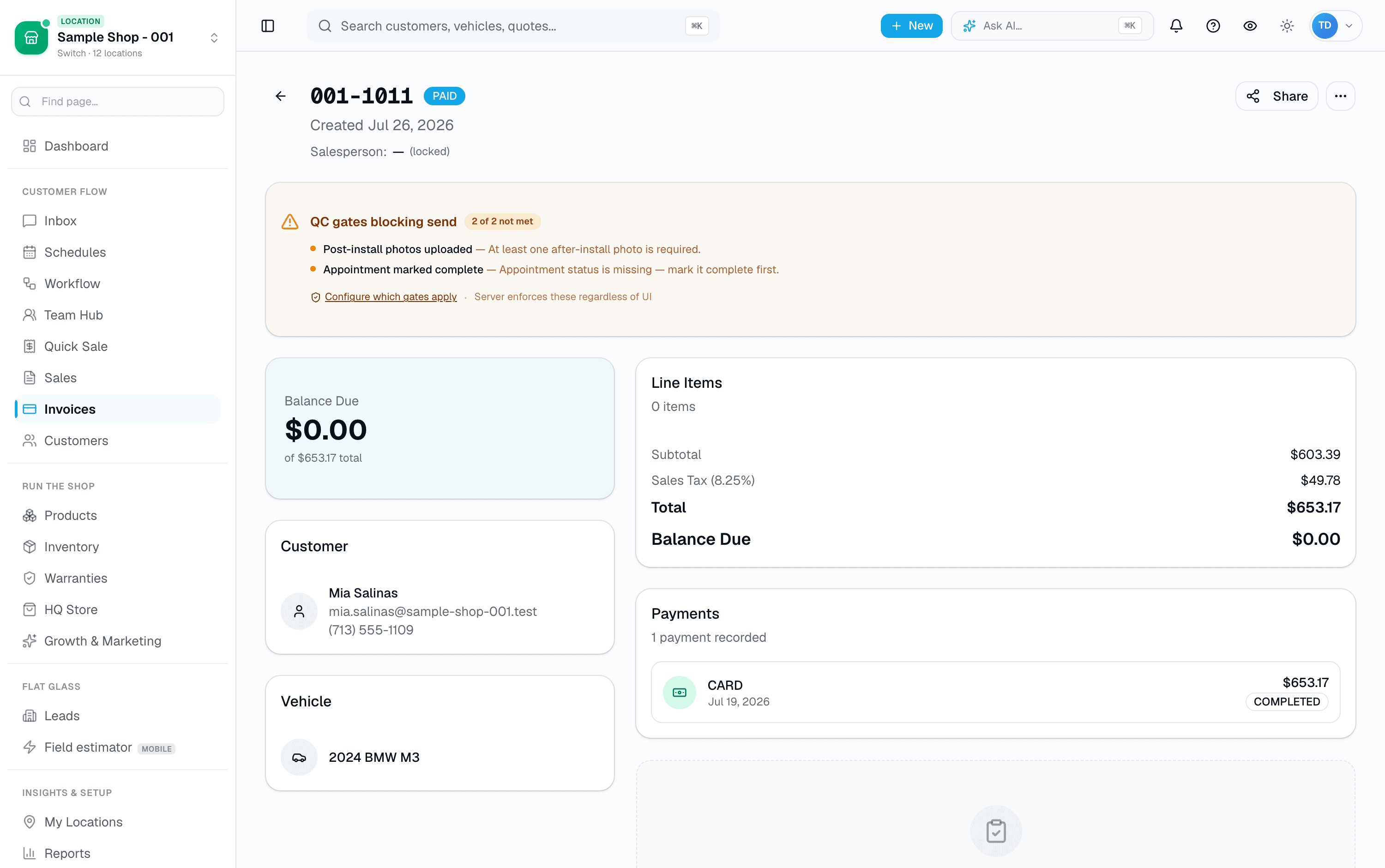 Itemized lines with tax, payments, QC gates before send, and a live PAID status badge.