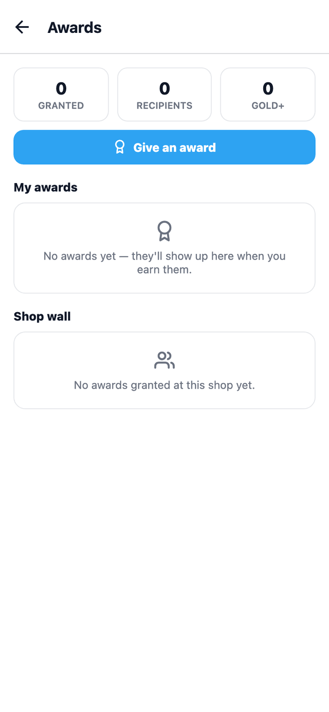 The mobile app's Awards tab shows the team awards wall — milestone, tenure, and manager-pick badges — right on the phone in a tech's pocket.