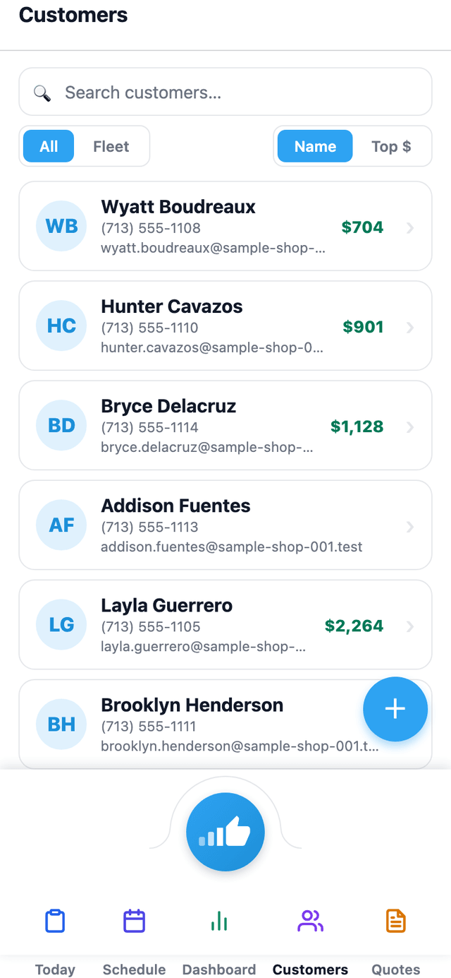 The mobile app's Customers tab lists every customer with lifetime value at a glance — the same CRM data as the web app, in your pocket.