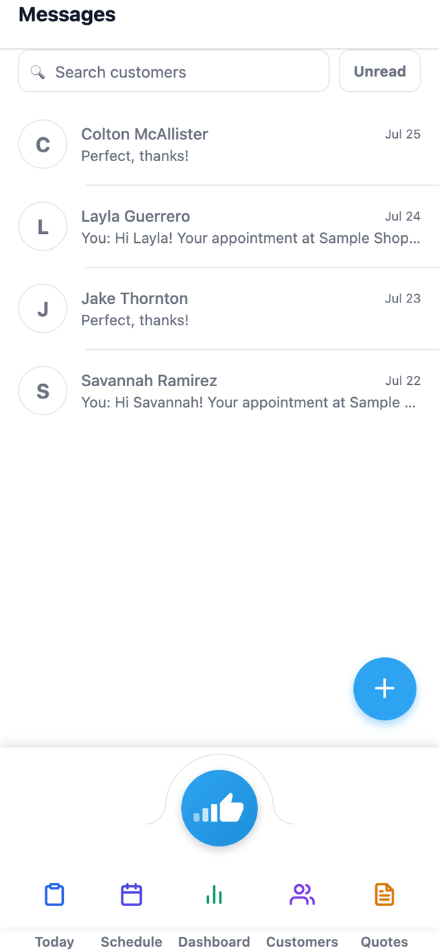 The mobile app's Messages tab is the same two-way customer messaging inbox as the web app — reply from the floor, not just the front desk.