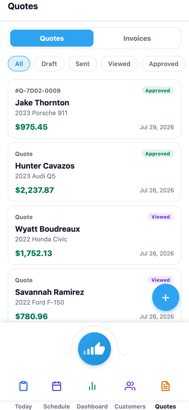 The mobile app's Quotes tab shows quotes and invoices with status badges — sales staff can check status without opening a laptop.