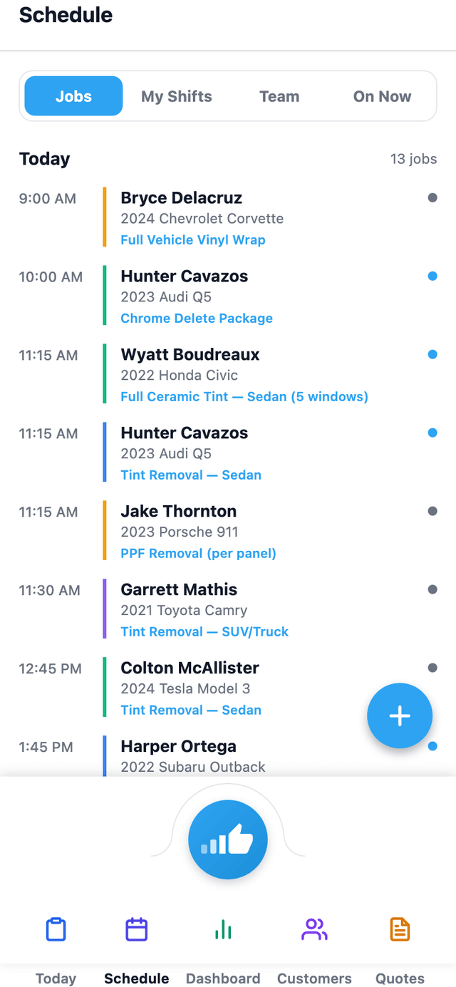 The mobile app's Schedule tab shows the team schedule — jobs, shifts, and who's on now — for whoever's on the floor.