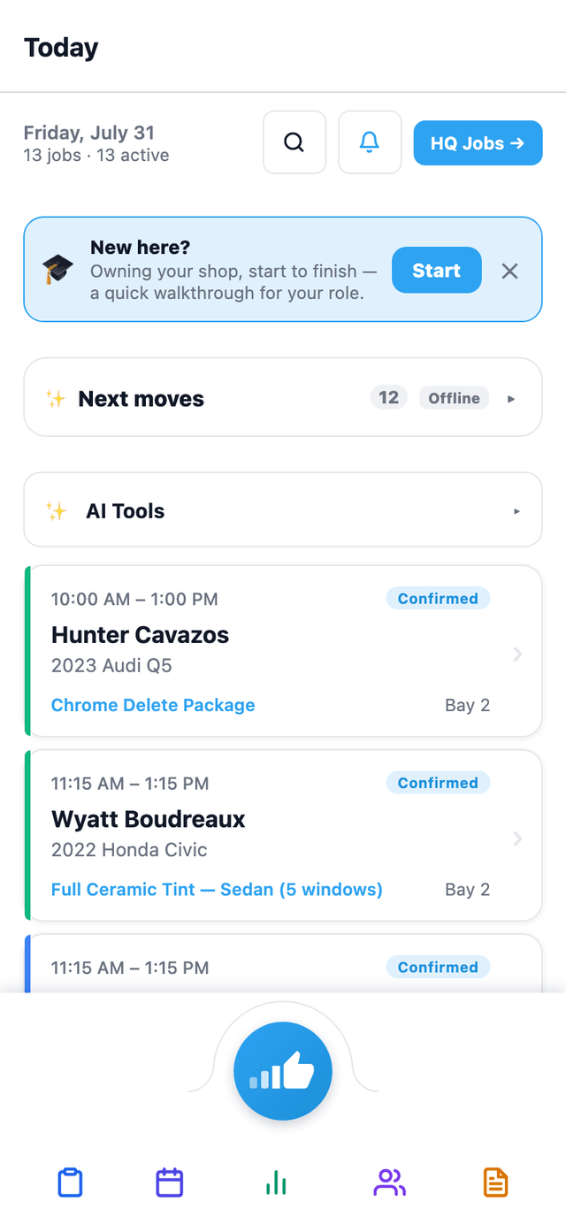 Photo → Quote and Install QC — the two AI photo tools — sit right on the mobile app's Today screen, one tap from the installer's job queue.